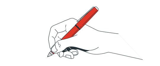 A white hand writes with a red pen in this illustration