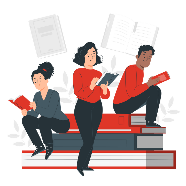 Peerclass Welcome Illustration Two dark-haired women and one black man read books while sitting atop a stack of huge books, illustrated in red and dark grey